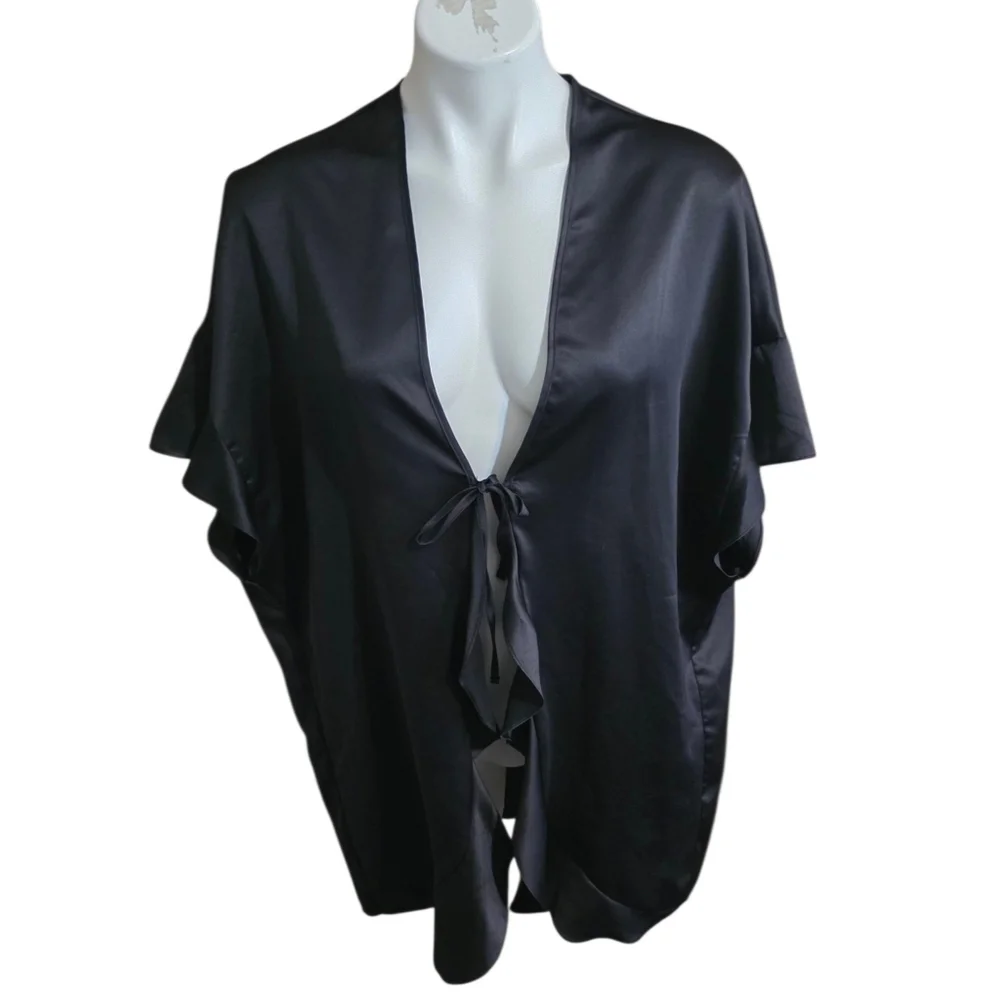 Victoria's Secret Satin Ruffle Kimono Robe Black One Size